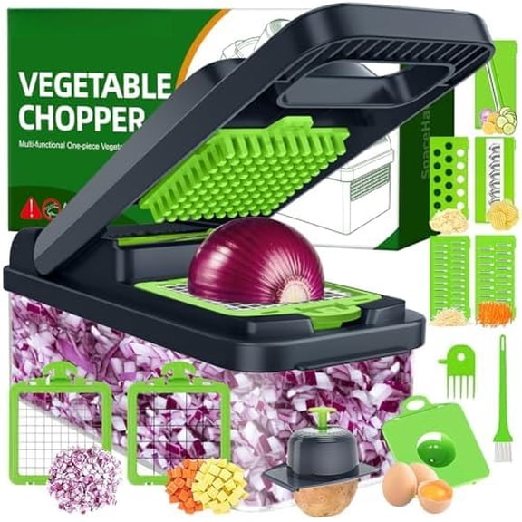 Vegetable Chopper Vegetable Cutter, 12 in 1 Kitchen Gadget, Dicer, Slicer, Onion Cutter, Salad, Cheese Grater & Egg Separator - Multi-Functional Veggie Chopper Lid with Handle (Green)