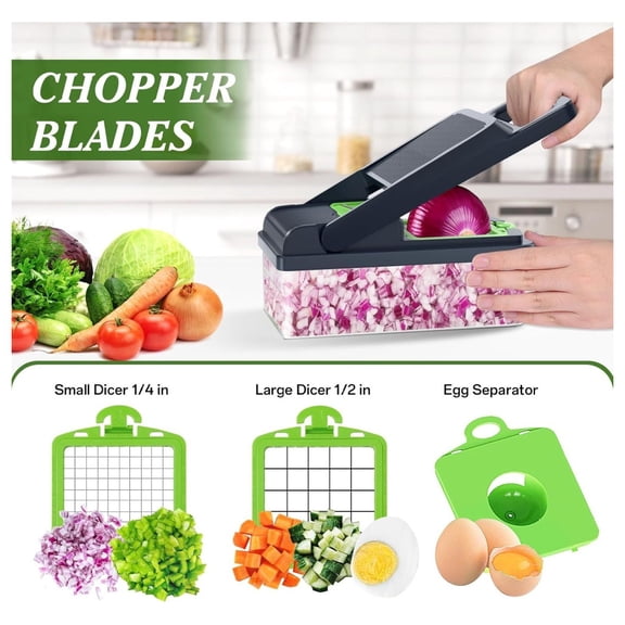 Vegetable Chopper Vegetable Cutter, 12 in 1 Kitchen Gadget, Dicer, Slicer, Onion Cutter, Salad, Cheese Grater & Egg Separator - Multi-Functional Veggie Chopper Lid with Handle (Green)