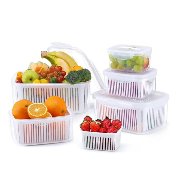 Vegetable Containers 5 Pack, Luxear Vegetable Storage Containers for Refrigerator, BPA Free with Lid & Colander Fruit Containers 0.7+1.35+2.3+3.8+5.8L Fridge Organizers White