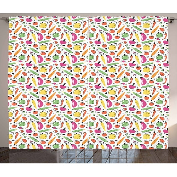 Vegetable Curtains 2 Panels Set, Artistic Food Drawing Composition Pickles Olives and Bell Peppers Colorful Design, Window Drapes for Living Room Bedroom, 108W X 84L Inches, Multicolor, by Ambesonne
