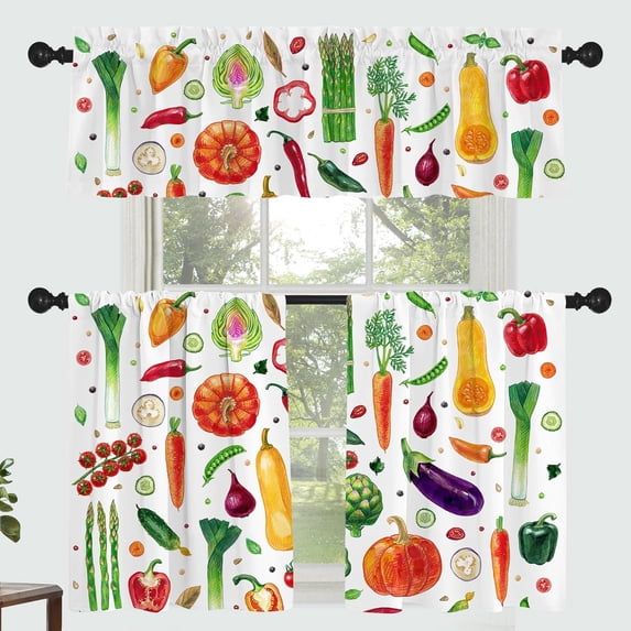 Vegetable Curtains for Kitchen Bathroom Healthy Delicious Food Rod Pocket Window Tier Curtains Valance Set 3 Pcs Simple Art Cartoon Printed Short Curtains 54 x 18 inches + 27 x 36 inches *2