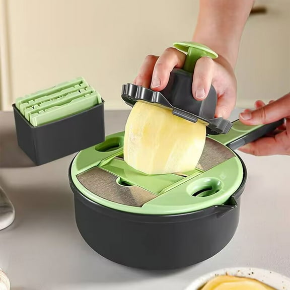 Vegetable Cutter Mandoline Slicer Shredder | 6-in-1 Multi-Function Kitchen Tool, Potato Carrot Grater, Green, Stainless Steel Blades, Drainage Bowl, 28x7.5cm, Ergonomic Handle