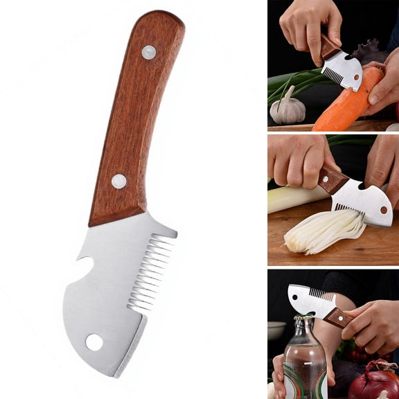 Vegetable Cutter with Wooden Handle, 3 in 1 Green Onion Shredder, Bottle Opener, Multi-Function Kitchen Tool for Cutting Onion Strips, Cabbage, Carrot, And Scallions