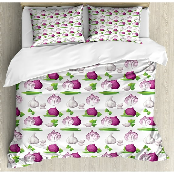 Vegetable Duvet Cover Set, Graphic Layout of Fresh Onion and Garlic Slices Organic Garden Art, Decorative 3 Piece Bedding Set with 2 Pillow Shams, King Size, Dark Magenta and Green, by Ambesonne