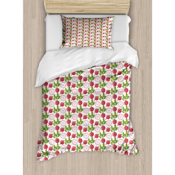Vegetable Duvet Cover Set Twin Size, Fresh Product Farmers Market Theme Cartoon Radish Pattern, Decorative 2 Piece Bedding Set with 1 Pillow Sham, Fern Green Dark Coral Pale Pink, by Ambesonne
