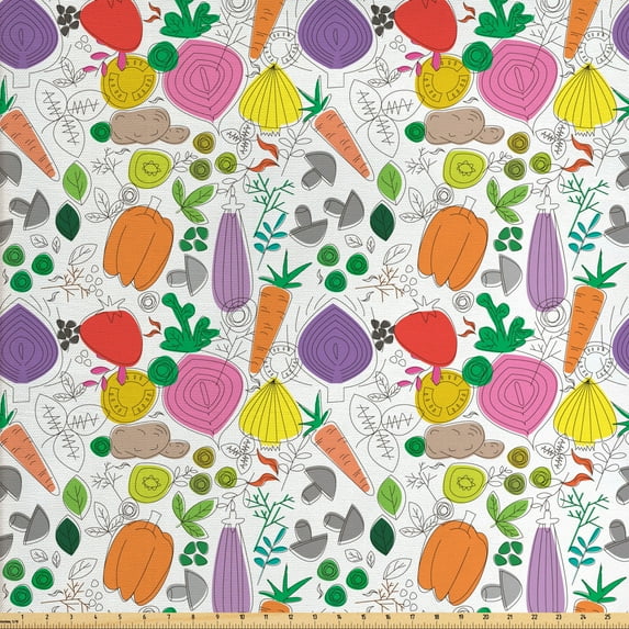 Ambesonne Vegetable Fabric by the Yard Upholstery, Drawing Food, 3 Yards, Multicolor