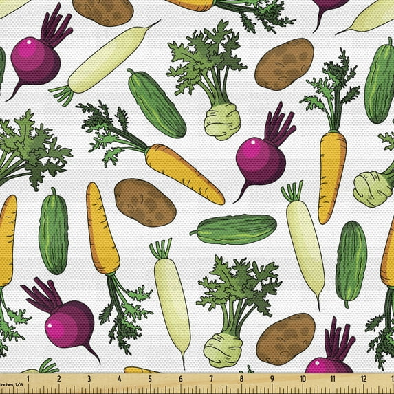 Vegetable Fabric by the Yard, Pattern of Farm Cucumber Carrot Potato Beet Kohlrabi and Radish Healthy Food, Decorative Upholstery Fabric for Sofas and Home Accents, 3 Yards, Multicolor by Ambesonne