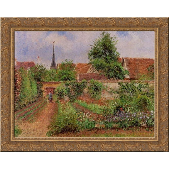 Vegetable Garden in Eragny, Overcast Sky, Morning 24x20 Gold Ornate Wood Framed Canvas Art by Pissarro, Camille