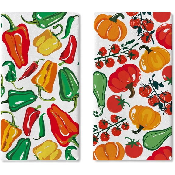 Vegetable Kitchen Dish Towels Set of 2, Pepper Tomato Pumpkin Drying Hand Towel Baking Cooking Cloth, Farmhouse Garden Dining Room Restaurant Home Decoration Foodie Gifts 18'' x 26''
