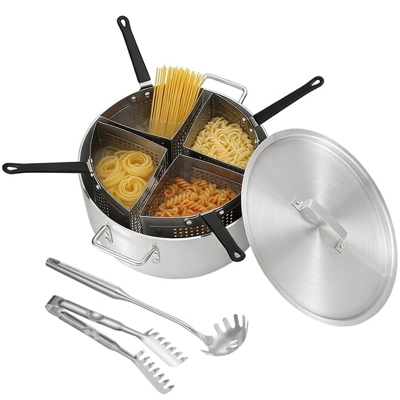 Vegetable and Pasta Cooker with Food Clip and Spaghetti Server, Stainless Steel Pasta Pot with Strainer Baskets, 18.5 in Large Cooking Pot, 4-Compartment Strainers