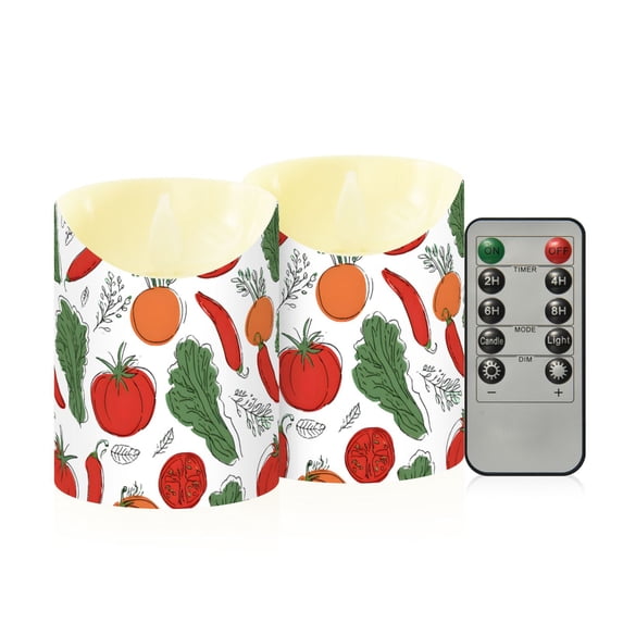 Vegetable Pattern Flameless Candles 2 PCS with Remote Realistic Moving Flame LED Tapered Pillar Set for Home Decor