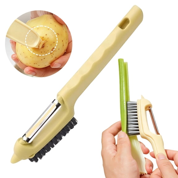 Vegetable Peeler Potato Peeling Tool,Multi Functional Kitchen Stainless Steel Paring Peeler with Cleaning Brush for Carrot Fruit, Handheld Food Scraper Gadget,Yellow,1 Pack