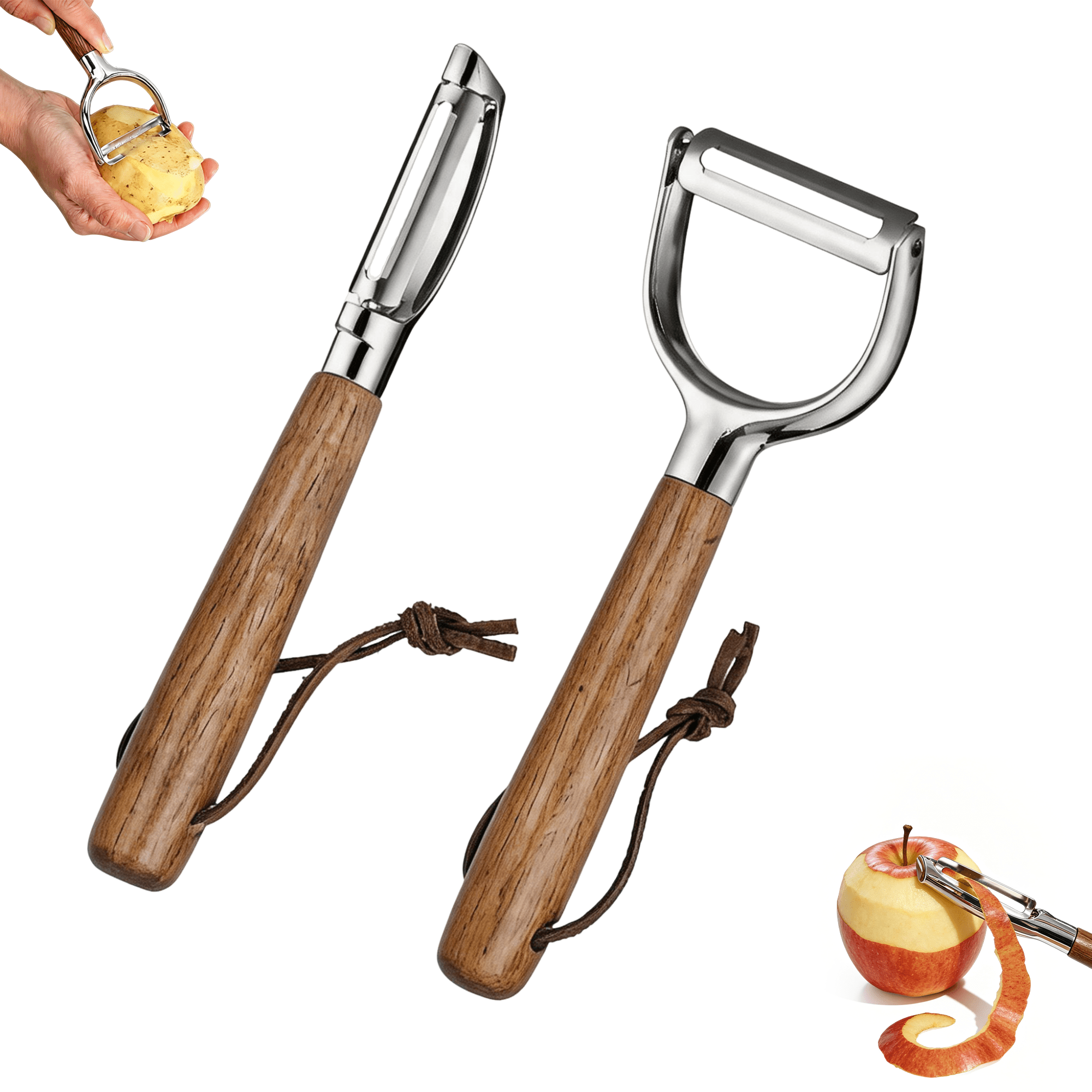 Vegetable Peeler Set of 2 (Straight + Y Peeler), Potato Peelers with Stainless Steel Swivel Blades and Wood Handle, Fruit & Veggie Peeler for Kitchen