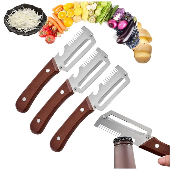 Vegetable Peeler with Wooden Handle and Bottle Opener,Stainless Steel Julienne Peeler,Multi Functional Kitchen Gadgets for Apple Fruit Orange Potato Carrot Pumpkin Papaya (3)