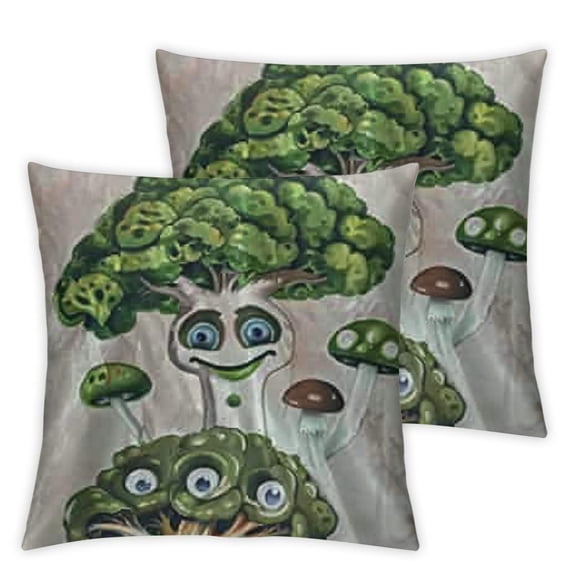 Vegetable Pillow Sham  Cartoon Characters with Funny Smiles Broccoli Mushroom Artichoke and Peas, Quality Microfiber Bedding Item for All Seasons,, Apple Green Cream