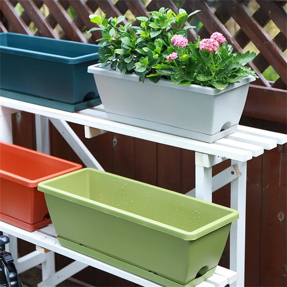 Vegetable Pot, Plastic Flower Pot, 16.9 Inch Rectangular Garden Planter with Tray for Outdoor Yard Patio Greenhouse Landscape Decoration and Daily Home Gardening Use