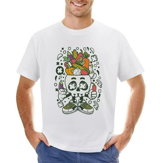 Vegetable Skull Head Vintage T-shirt Mens Cotton Classic Crewneck Short Sleeve Tees Unisex White 5XL