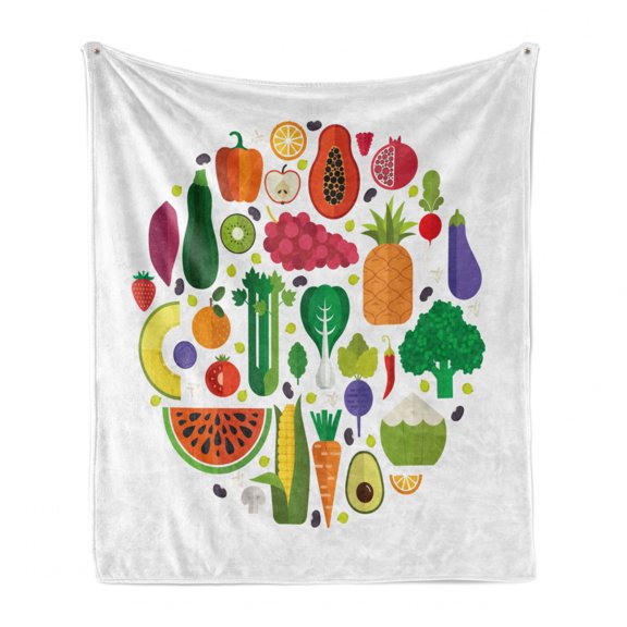 Vegetable Soft Flannel Fleece Blanket, Healthy and Fresh Ingredients in Circle Vegetarian Yummy and Natural Food Theme, Cozy Plush for Indoor and Outdoor Use, 50" x 70", Multicolor, by Ambesonne