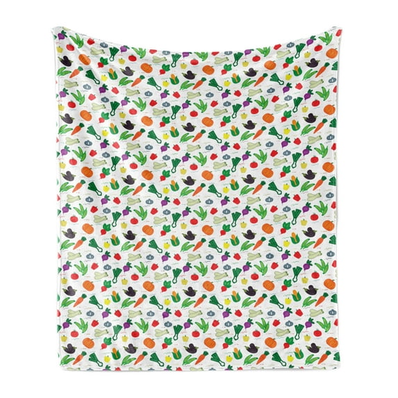 Vegetable Soft Flannel Fleece Throw Blanket, Cartoon Food with Dashed Lines Colorful Healthy Zucchini Peppers Illustration, Cozy Plush for Indoor and Outdoor Use, 50" x 70", Multicolor, by Ambesonne