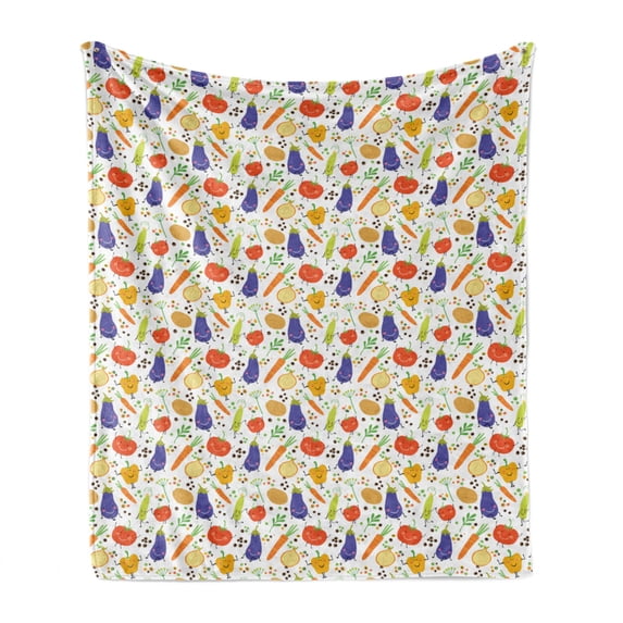 Vegetable Soft Flannel Fleece Throw Blanket, Nursery Cartoon Characters Eggplant Tomatoes and Pepper Salad Elements Pattern, Cozy Plush for Indoor and Outdoor Use, 50" x 70", Multicolor, by Ambesonne