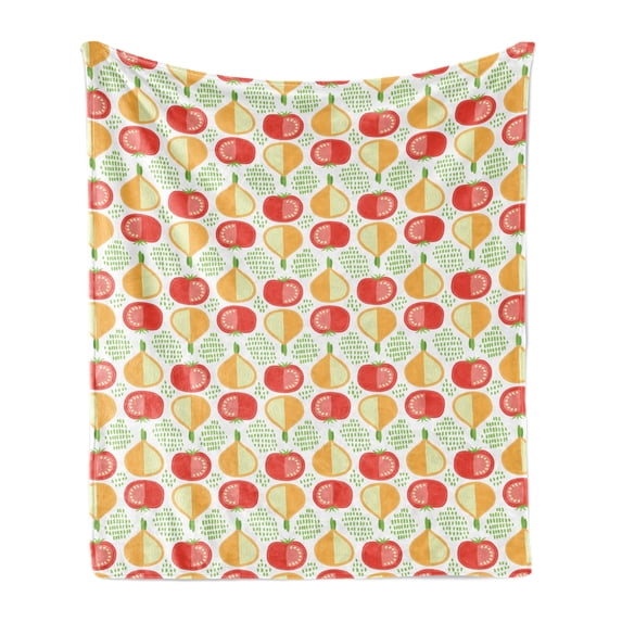 Vegetable Soft Flannel Fleece Throw Blanket, Onions and Tomatoes Pattern Doodle Style Illustration with Simplistic Design, Cozy Plush for Indoor and Outdoor Use, 60" x 80", Multicolor, by Ambesonne