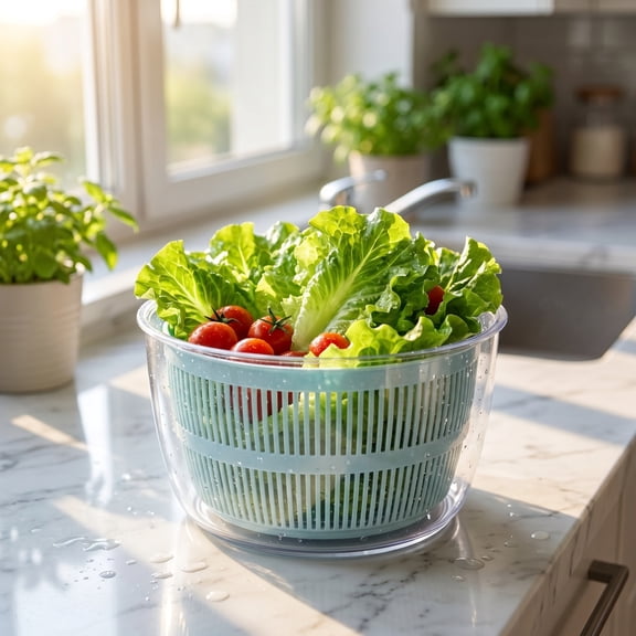 Vegetable Spinner 8.5 Inch, Manual Salad Dryer with Press Button, Fruit & Veggie Dehydrator with Strainer Basket, Kitchen Colander, Blue