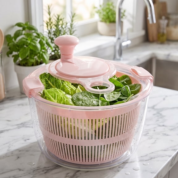 Vegetable Spinner 8.5 Inch, Manual Salad Dryer with Press Button, Fruit & Veggie Dehydrator with Strainer Basket, Kitchen Colander, Pink