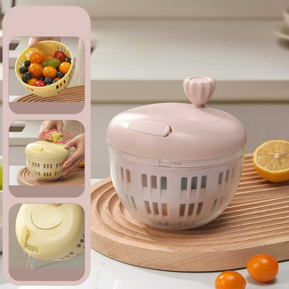 Vegetable Spinner - Hand Crank Salad Dryer,Compact Leafy Greens Washer | Non- Base Wash Bowl with Colander Fruit Cleaner, Multifunctional Kitchen Gadget for Efficient Food Rinsing, Quick Dr(Pink)