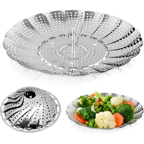 Vegetable Steamer Basket, Foldable Stainless Steel Veggie Steamer Basket, Food Steamer for Cooking, Expandable Steaming Basket (6" to 10")