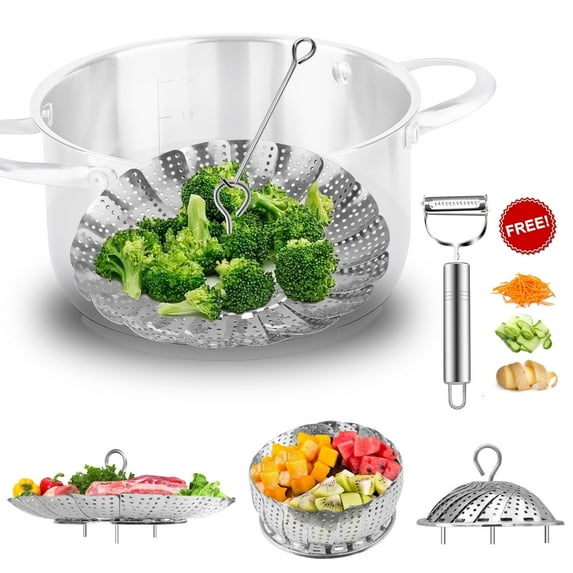 Vegetable Steamer Basket for Instant Pot Accessories Stainless Steel Steamer for Food with Vegetable Peeler Folding Expandable Steamers to Fit Various Size Pot with Safety Tool for Kitchen Tools