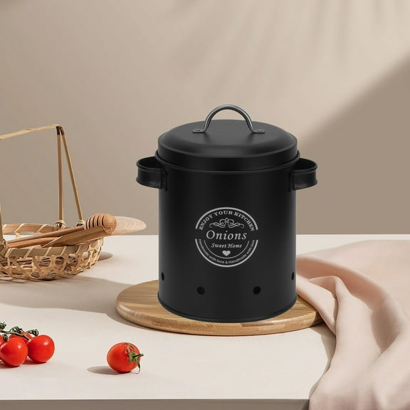 Vegetable Storage Bucket Metal Kitchen Can - Potato Garlic & Waterproof Lid Container Black