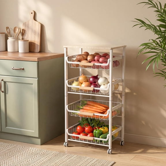 Vegetable Storage Cart with Wheels, 5-Tier Rolling Cart with Slide-Out Baskets for Onion Potato Storage, Metal Produce Rack Organizer with Wooden Top & Handle for Kitchen Pantry, White