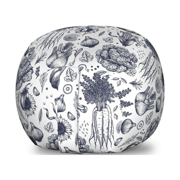 Vegetable Storage Toy Bag Chair, Vintage Monochrome Drawn Food Pattern with Autumn Harvest Crops Art, Stuffed Animal Organizer Washable Bag, Large Size, Dark Blue Grey and White, by Ambesonne