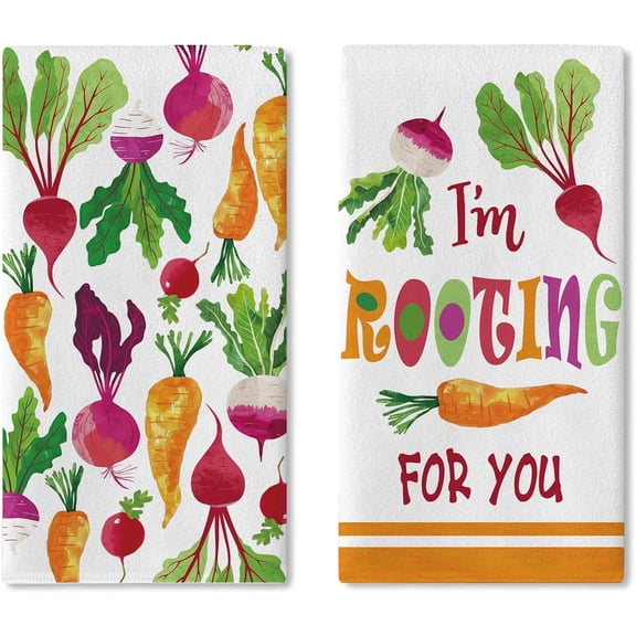 Vegetable Theme Kitchen Dish Towels Set of 2, I'm Rooting for You Fresh Radish Carrot Drying Hand Towel Baking Cooking Cloth, Funny Farmhouse Garden Home Decoration 18'' x 26''