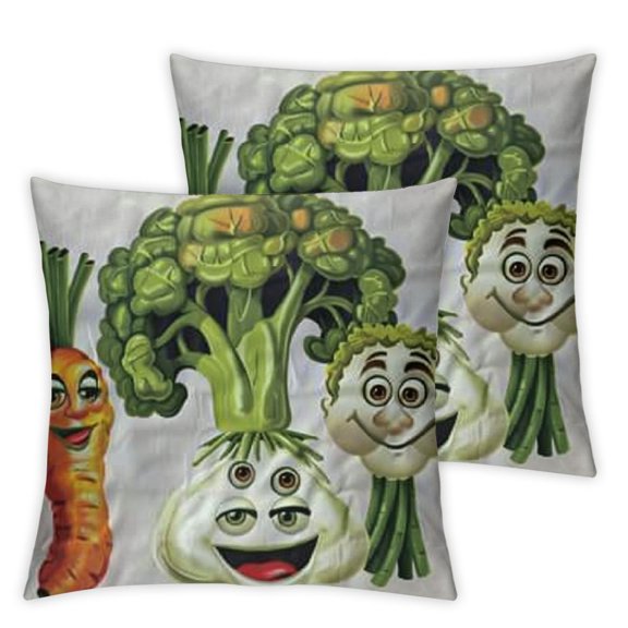 Vegetable Throw Pillow Cushion Case Cartoon Characters with Funny Smiles Broccoli Mushroom Artichoke and Peas, Modern Accent Double-Sided Digital Printing, Apple Green Cream