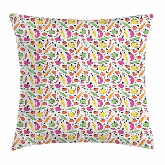 Vegetable Throw Pillow Cushion Cover, Artistic Food Drawing Composition Pickles Olives and Bell Peppers Colorful Design, Decorative Square Accent Pillow Case, 18 X 18 Inches, Multicolor, by Ambesonne