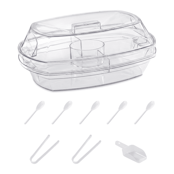 Vegetable Tray Clear Party Platter with 4 Compartments Fruit Ice Serving Tray with Lid Cold Food Buffet Server for Fruit Vegetable Fruit 