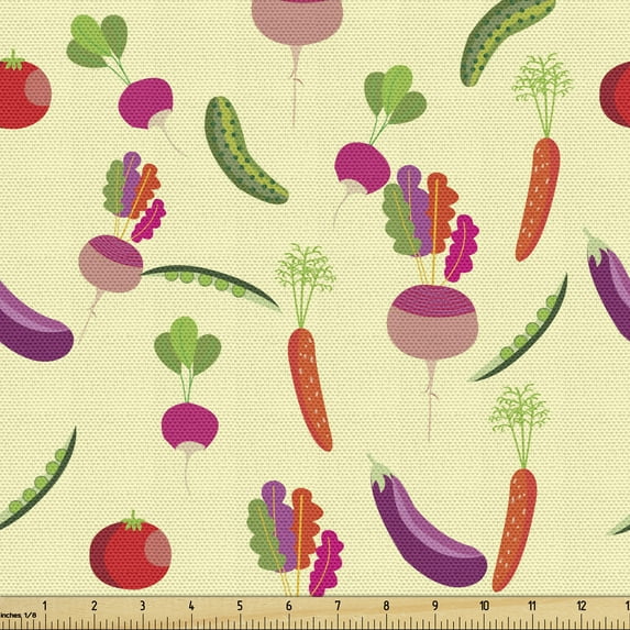 Ambesonne Vegetable Fabric by the Yard Upholstery, Pea Tomato Carrot, 2 Yards, Multicolor