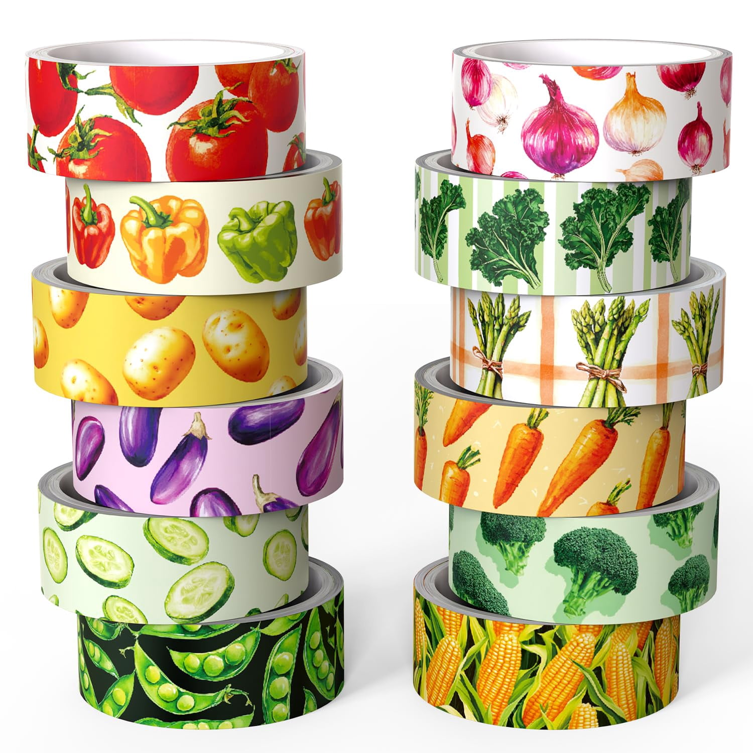 Vegetable Washi Tape Set of 12 Rolls, Cute Garden Pattern Decorative Tape, Tomato Carrot Corn Masking Tape for Journaling Supplies, Kitchen Planner, Garden Scrapbooking, Recipe Journal