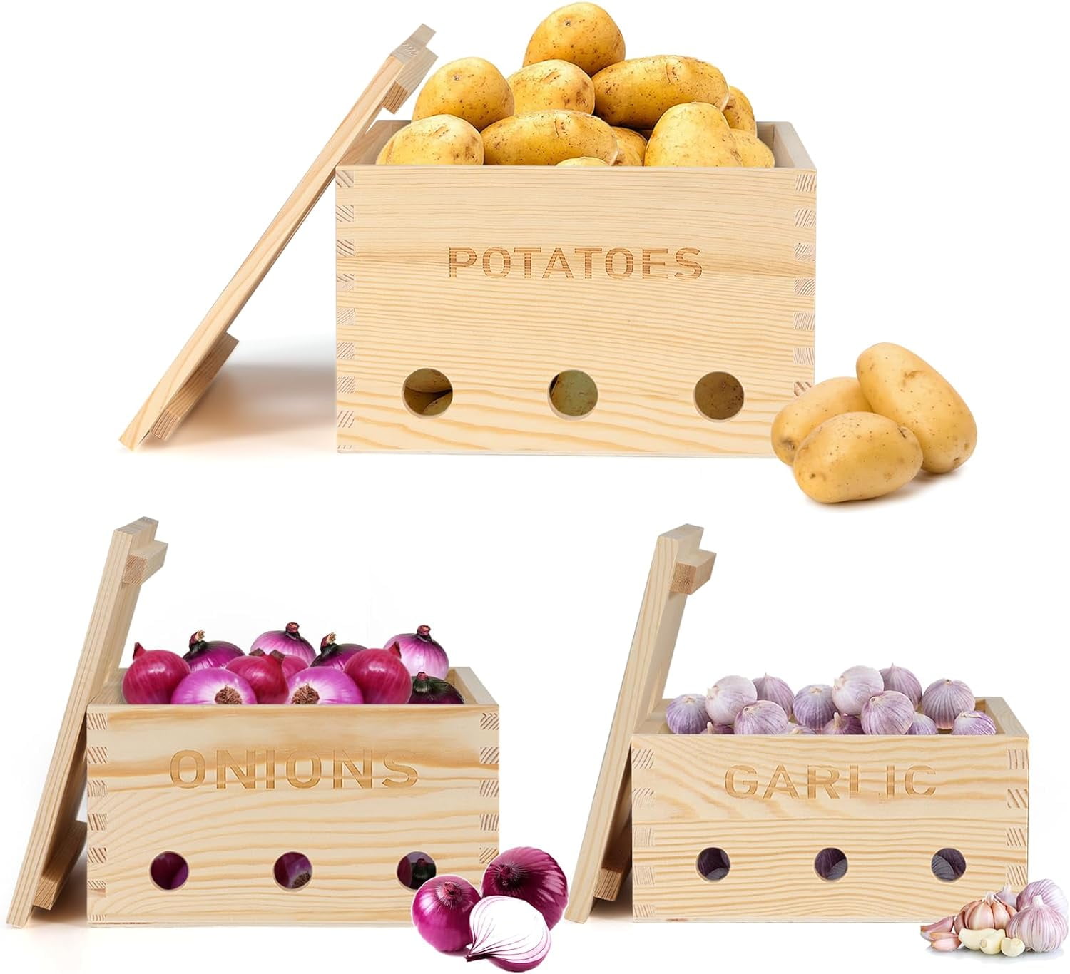 Vegetable Wooden Storage Bins, 3 PCS Potato Onion and Garlic Storage