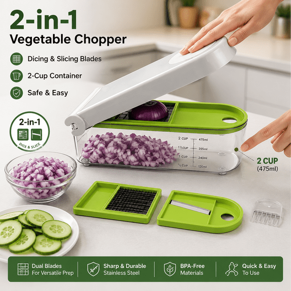 PLERISE Vegetable Chopper, Food Dicer with 2 Stainless Steel Blades, Large 2-Cup Container, Cleaning Tool, Dishwasher Safe for Onion Vegetable and Fruit