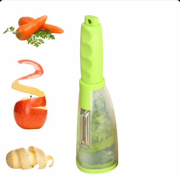 The No-Mess Vegetable and Fruit Peeler with Two-Sided Stainless Steel Blade and Peel Catching Container