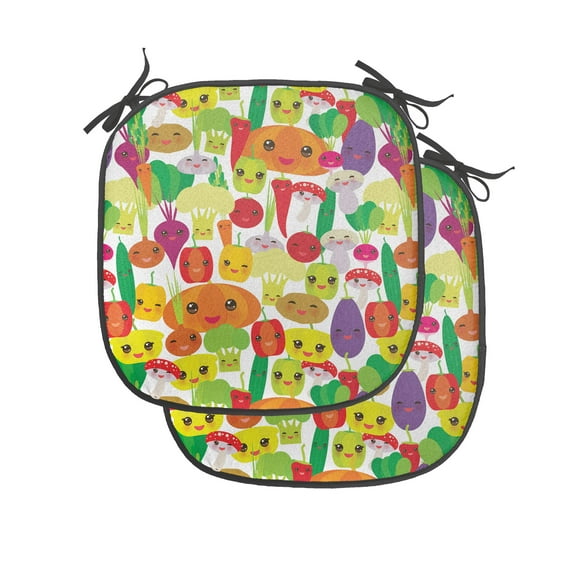 Vegetables Chair Seating Cushion Set of 2, Kawaii Pattern with Healthy Organic Foods Happy Smiling Faces, Seat Pads for Office with Anti-slip Backing, 16"x16", Multicolor, by Ambesonne