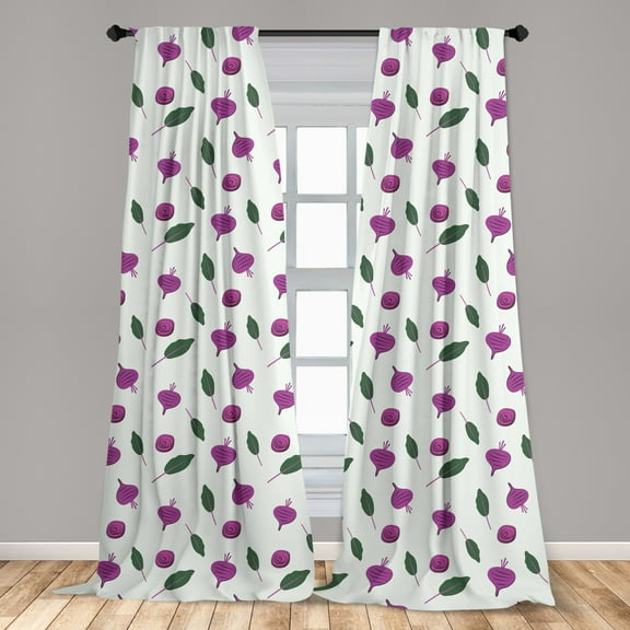 Vegetables Curtains 2 Panels Set, Abstract Design Pattern of Beetroots and Leaves Print, Window Drapes for Living Room Bedroom, 56"W X 84"L, Off White Fuchsia, by Ambesonne