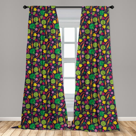 Vegetables Curtains 2 Panels Set, Colorful Cartoon Pattern of Onion Carrot Broccoli Radish Cabbage Pepper, Window Drapes for Living Room Bedroom, 56"W X 63"L, Indigo Multicolor, by Ambesonne