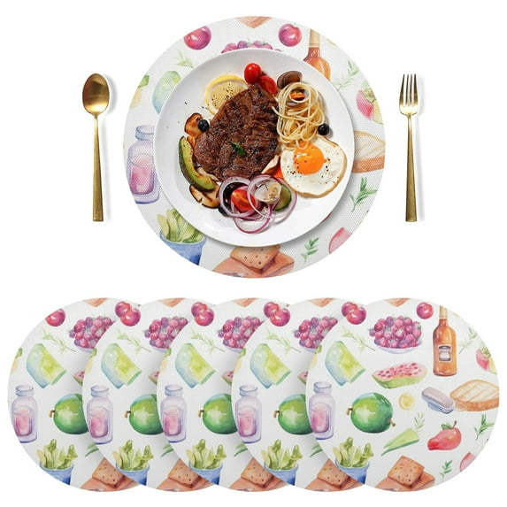 Vegetables Drink Bread Fruits Black Round Placemats Plate Mats 15 Inch Non-Slip Heat Resistant Washable PVC Set Indoor for Kitchen Dining Table 1PC