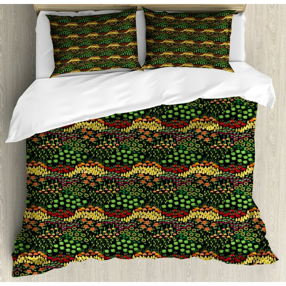 Vegetables Duvet Cover Set, Abstract Agriculture Themed Pattern Cartoon Farming Nutrition, Decorative 3 Piece Bedding Set with 2 Pillow Shams, Queen Size, Multicolor, by Ambesonne