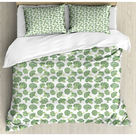 Vegetables Duvet Cover Set, Continuous Foods Pattern with Sketchy Hatched Broccoli Print, Decorative 3 Piece Bedding Set with 2 Pillow Shams, Calking Size, Fern Green Pale Green, by Ambesonne