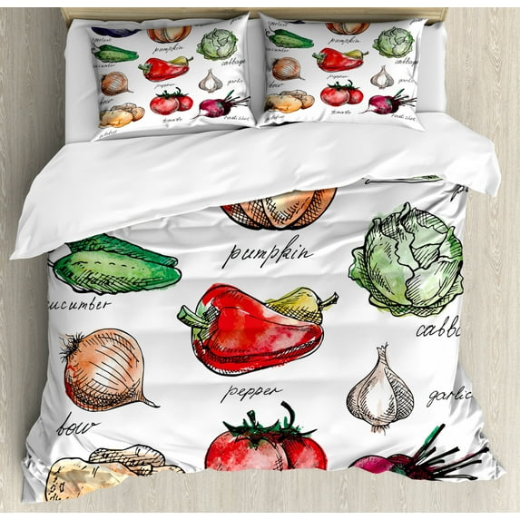 Vegetables Duvet Cover Set Queen Size, Sketchy Hand Drawn Illustration of Various Healthy Vegetation with Names Written, Decorative 3 Piece Bedding Set with 2 Pillow Shams, Multicolor, by Ambesonne