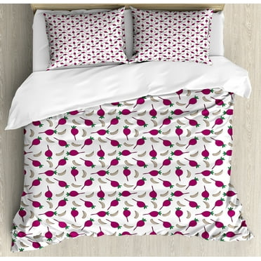 Vegetables Duvet Cover Set, Simple Pattern of Cartoonish Drawn Garlic and Beet, Decorative 3 Piece Bedding Set with 2 Pillow Shams, Calking Size, White Dark Magenta, by Ambesonne